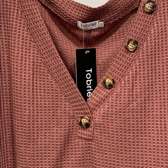 Dusty Rose Pink Waffle Knit Long Sleeve V-neck Top Pullover Popover - Picture 3 of 9